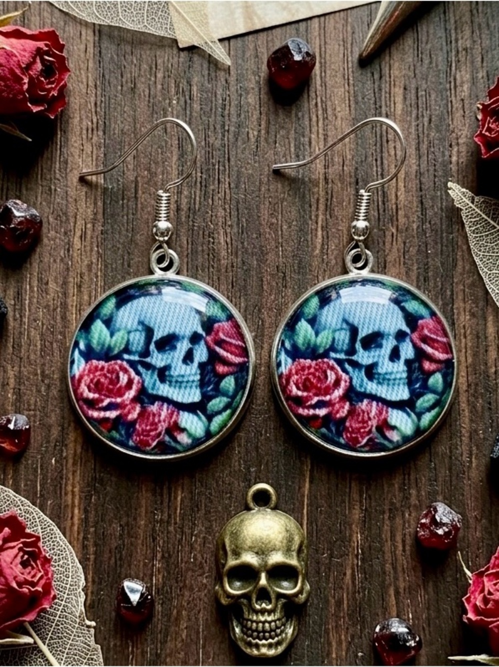 Floral Skull Drop Earrings in Blue and Pink